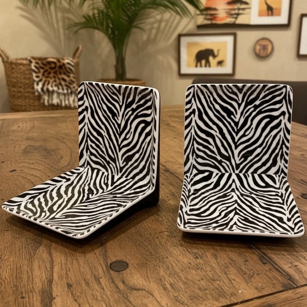 Pier 1 Zebra Animal Print Ironstone 4 Appetizer or Dessert Plates 6" Square
